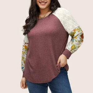 Bloomchic Floral Patchwork Textured Raglan Sleeve Stitch T-shirt size L - us 12